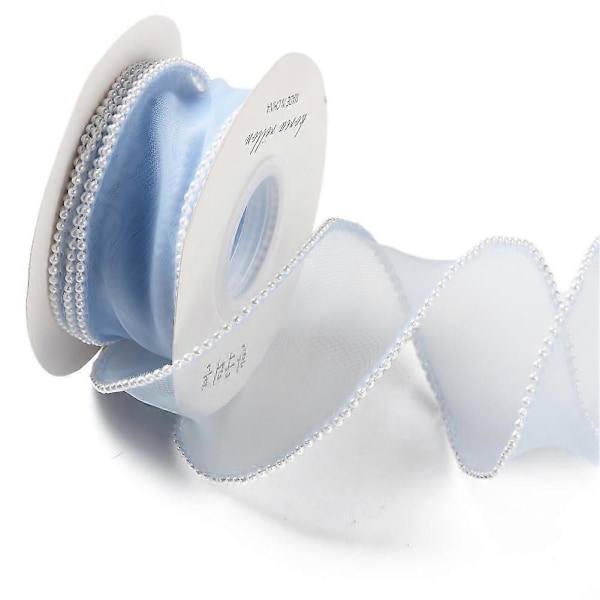 5 meter Ljusblå Faux Pärlkantad Slät Organza Fishtail Genomskinlig Meshband för Sömnad och Hantverk