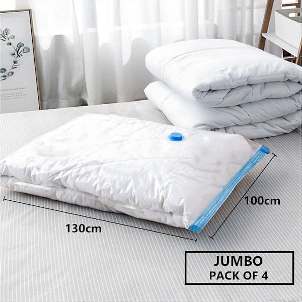 Vakuumförvaringspåsar för kläder - 4-pack 130 x 100 cm extra stora återanvändbara vakuumpåsar med dubbel dragkedja för filtar, sängkläder