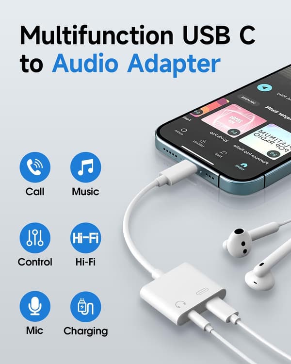 USB C til 3,5 mm hovedtelefon- og opladeradapter, 2-pak Type C til Aux Jack Dongle Kabelledning med PD hurtigopladning til iPhone 15/16/17 Pro/Max/Plus, iPad