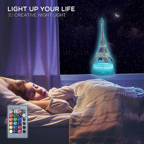 Eiffeltårnet 3D Illusjon LED Bordlampe, 16 Farger, Gave til Pappa, Mødre, Menn, Kvinner, Barn, Gutter, Tenåringer