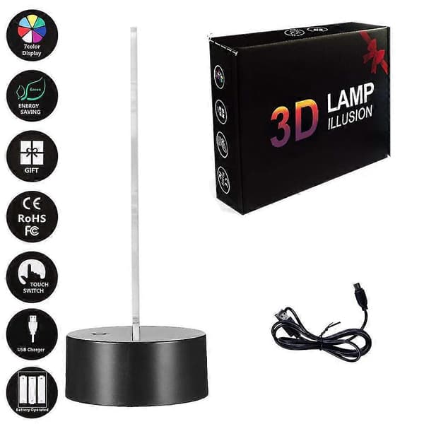 LED 3D Belyst Lampe, Optisk Illusion, Skrivebordsnatlampe med 7 Farveskift