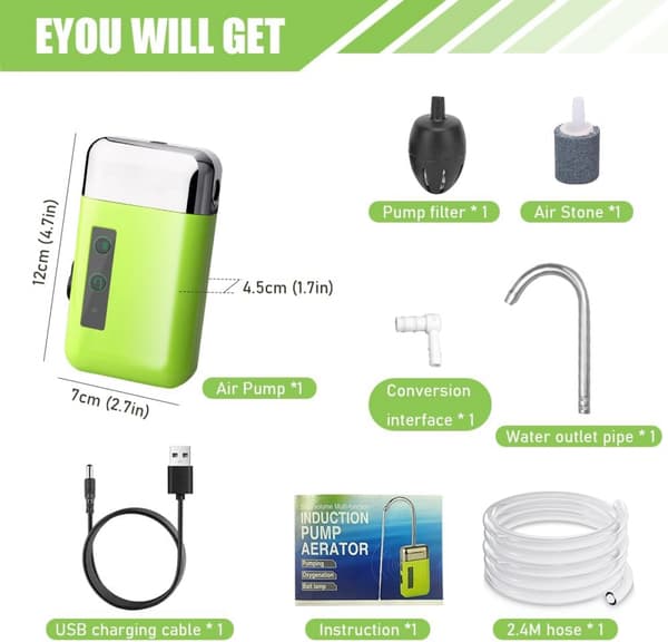 Bärbar Mini Luftpump Utomhus Syre Pump med Luftsten Tub 3-i-1 Sensor USB Laddning Automatisk Vattenpump Multifunktion