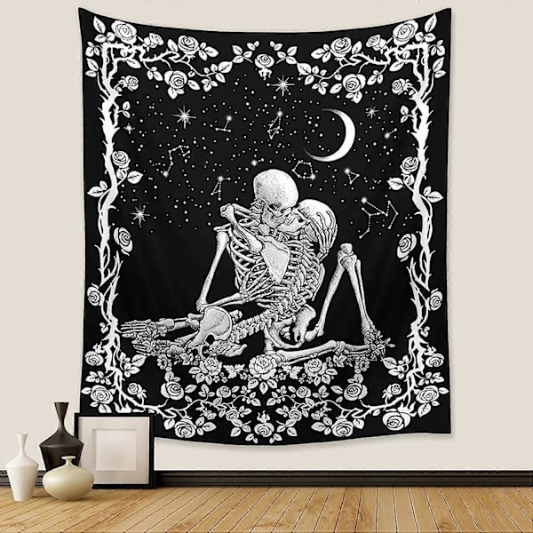 The Kissing Lovers Skull Gobelin, Sort og Hvid Romantisk Konstellation Skelet Gobeliner Vægophæng dekoration til Stue Soveværelse (51.2x 59.1)