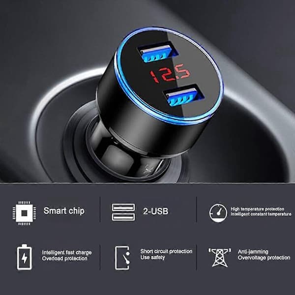 USB-billaddare, LED-display Bilspänningsdetektor 5V/3.1A Dubbla USB-portar Metall Billaddaradapter för IPhone IPa