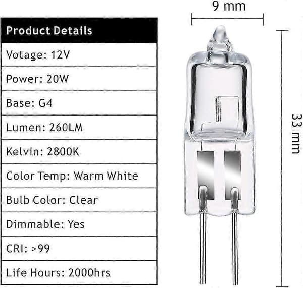 Halogenpærer G4 20W 12V, varmhvit 2800K, dimbar klar kapsel 10