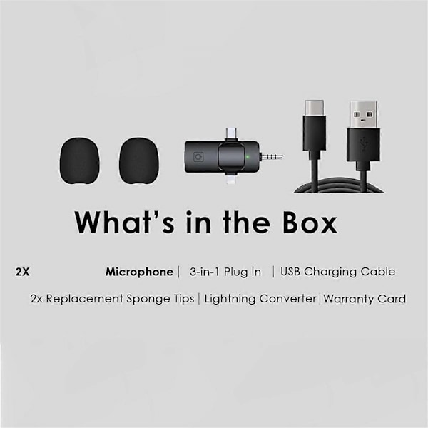 3 i 1 Trådløse Lavalier-mikrofoner for iPhone, Android, Kamera, USB-C Mikrofon, Mini Mikrofon