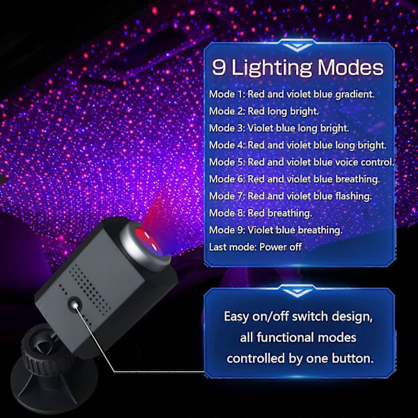 USB Stjerneprojektor Natlampe, 3 Farver, 9 Lysindstillinger, Bærbar Justerbar