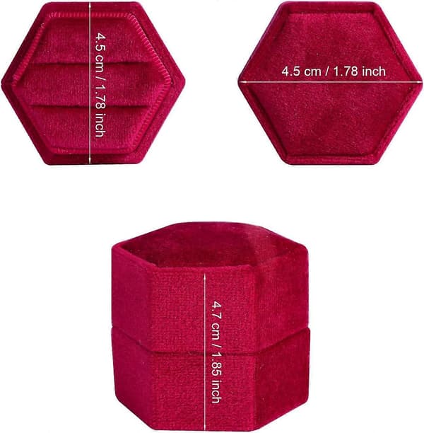 Fløjls Ringæske, til Smykker Dobbelt Slots Hexagon Ringæske til Forlovelse Bryllupsceremoni Valentinsdag Holder 2 Ringe (Vinrød)