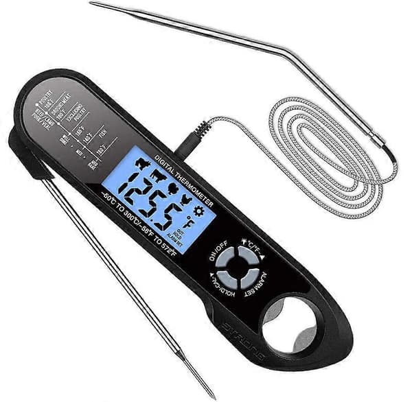 Køkkentermometer, Grilltermometer, Hurtigtlæsende Madlavningstermometer, Kødtermometer, med 2 Lange Prober og LCD-Display, til Grill, Mad, Kød