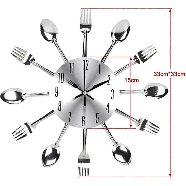 Kjøkkenklokke med speileffekt, skje, gaffel, avtakbart 3D-klistremerke for hjemmedekorasjon 32*32*4CM Metallisk Sølv