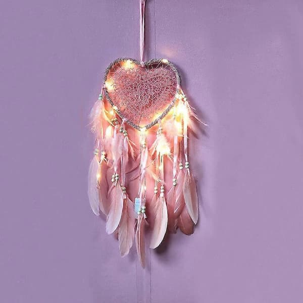 Drömfångare, Boho-stil LED-ljus Handgjord för Sovrum Bildekoration, Romantisk Väggmonterad Drömfångare (Ljusrosa, Ljus)