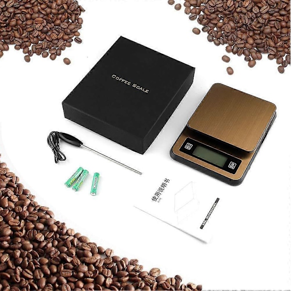 Elektronisk våg för handbryggt kaffe med timer, termometer, vägning, rostning, köksvåg 2kg-0.1g guld