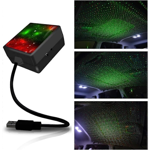 USB-auton kattotähtiprojektori yövalo, 2 väriä - 3 valaistustilaa, kannettava 360 asteen säädin