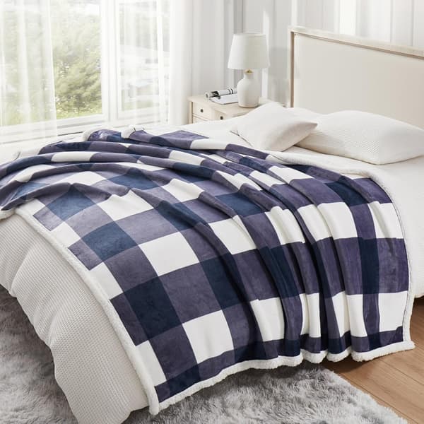 PU MEI Sherpa Fleece Kastetæppe 60\" x 80\" Vendbart Plys Fluffy Stort Tæppe Gitter Flanel Tæpper til Sofa Senge (Grå-Blød Blå, 60