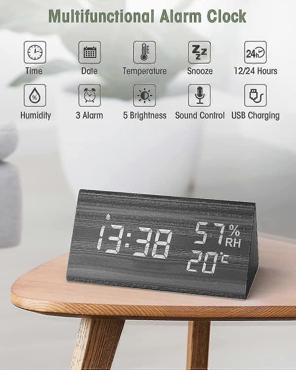 Väckarklocka digital träklocka, digital bordsklocka med röststyrning / snooze / datum / temperatur