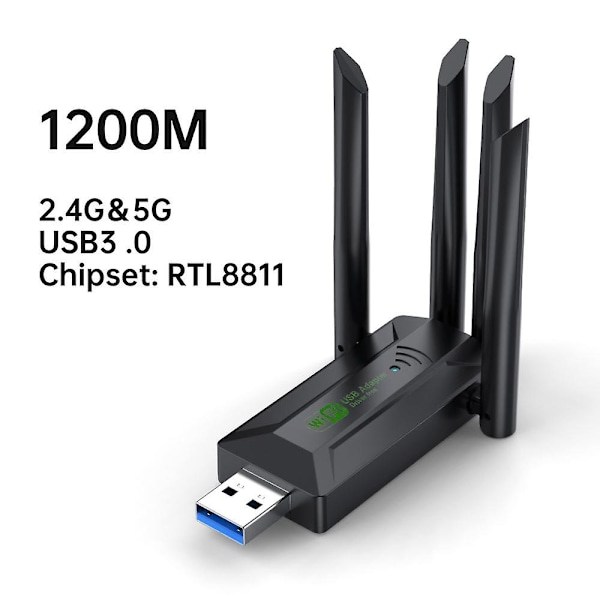 1200Mbps WiFi USB-adapter Dual Band 2.4G + 5Ghz Wi-Fi-dongle 4 Antenne 802.11AC USB3.0 Højhastigheds Trådløst Netværkskort