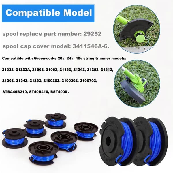 Trimmerspole med snøre for Greenworks 24v 40v 80v (8 spoler, 2 hetter)