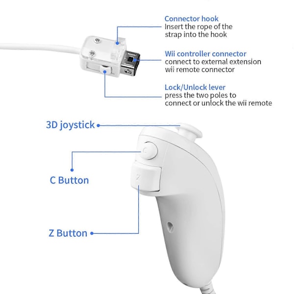 2-pakning Nunchuk-kontroller for Wii, Fjernkontroll Nunchuk Jostick Spillkontroller Kompatibel med Nintendo Wii og Wii U Vide