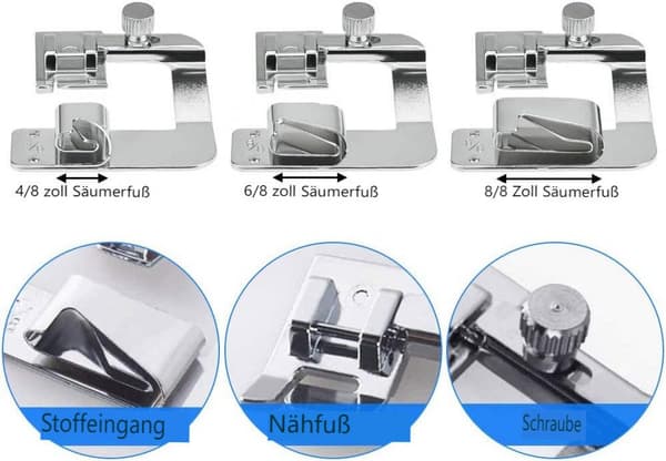 6-delars pressarfötter för symaskin i rostfritt stål, fållfot, silver