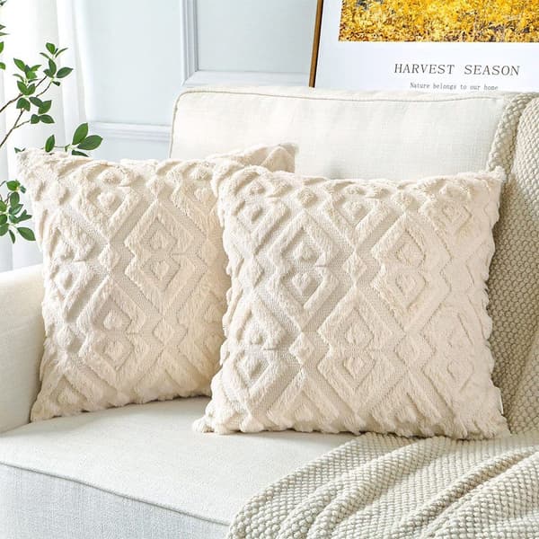 Pudebetræk Blød Plys Geometrisk Creme Beige 45x45cm 2-pak