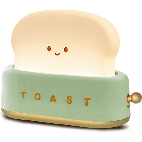 (Grøn) Borddekoration Toaster Lampe, Genopladelig Lille Lampe med Smilende Toastbrød Sød Toaster Form Rumindretning Natlampe til Soveværelse, Seng, Li