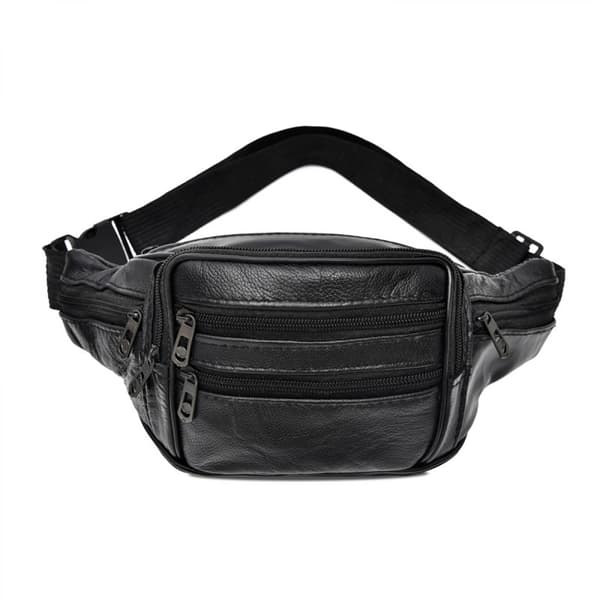 Læder Fanny Pack til kvinder og mænd, ægte taljetaske til vandreture, rejser, løb - sort