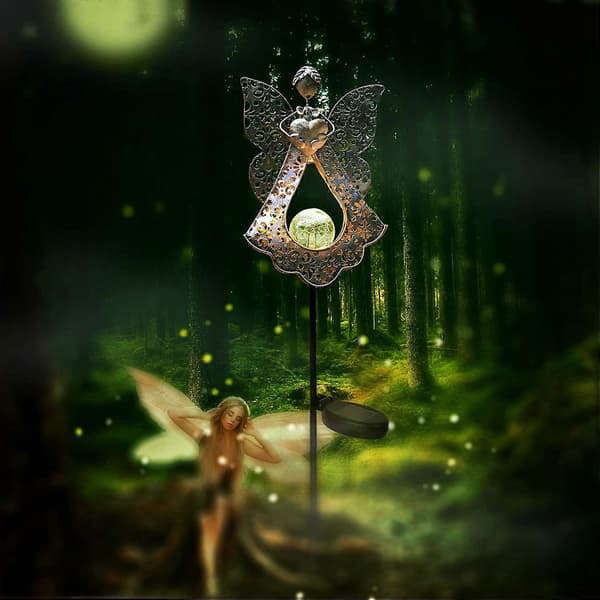 (Angel-Bronze) Solcelle havelys, metal engel, solcelle varm hvid LED, havelys mindegave - Solcelle englelys perfekte som engleminde