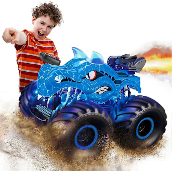 Dinosaurie Fjärrkontrollbilar för Barn, Leksaker för Barn Ålder 3 4 5 6 7 8 År Gammal Pojke Monstertruck 3-9 Pojkar Födelsedagspresenter Utomhusfordon, Blå