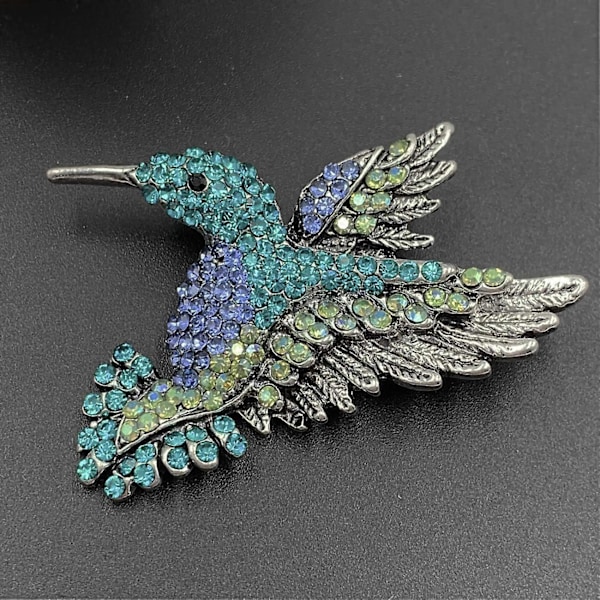 Österrikisk Kristall Kolibri Brosch - Antik Silverfärgad Kavajnål