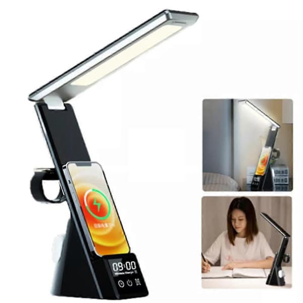 LED Skrivebordslampe 3 i 1 Skrivebordslampe 3 Dæmpbar Hurtig Trådløs Qi Oplader Foldbar Læselampe med Ur