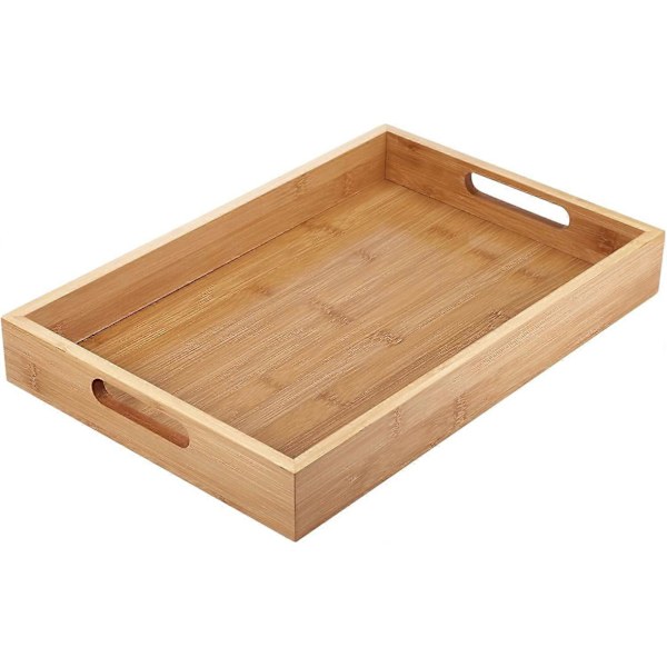 Rektangulært bambusbrett med håndtak for servering av mat, middag, frokost, te, kaffe og snacks (38 x 25 x 5 cm)