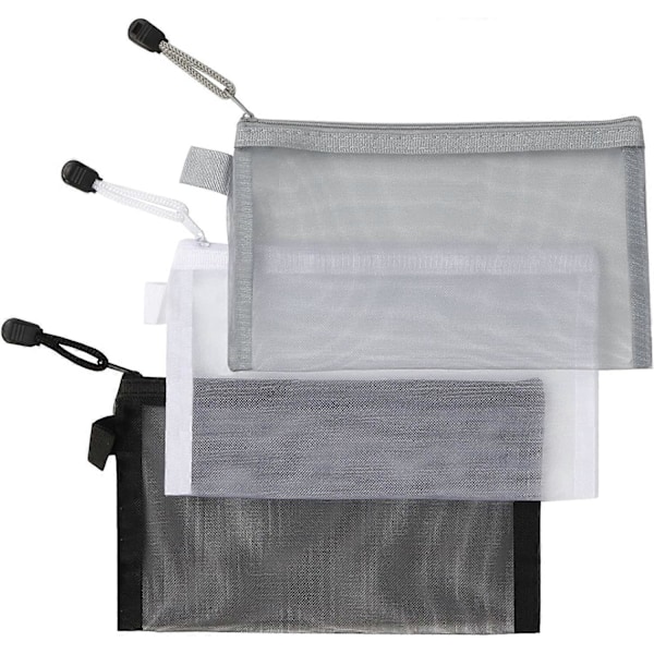 3-pak Gennemsigtige Mesh Penalhuse med Lynlås til Makeup og Blyanter til Kvinder - 21 x 12 cm, Sort Hvid Grå