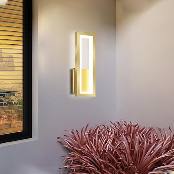 Vegglampe ved sengen, moderne LED-vegglampe, gullfargede metall vegglamper med hvit akrylskjerm, rektangulære designer vegglamper, 6000K hvitt lys