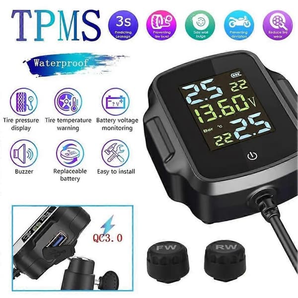 TPMS Motorcykel Däcktrycksövervakningssystem med 2 Externa Sensorer Smart Däcklarmsats Universal