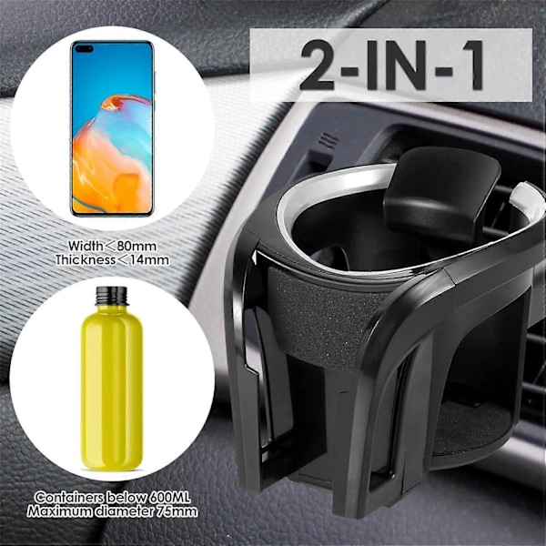 2-in-1 monitoiminen auton mukiteline auton ilmastointiritilään kiinnitettävällä puhelintelineellä vesikupille, vesipullolle, juomamukille ja juomalaatikolle, pulloteline