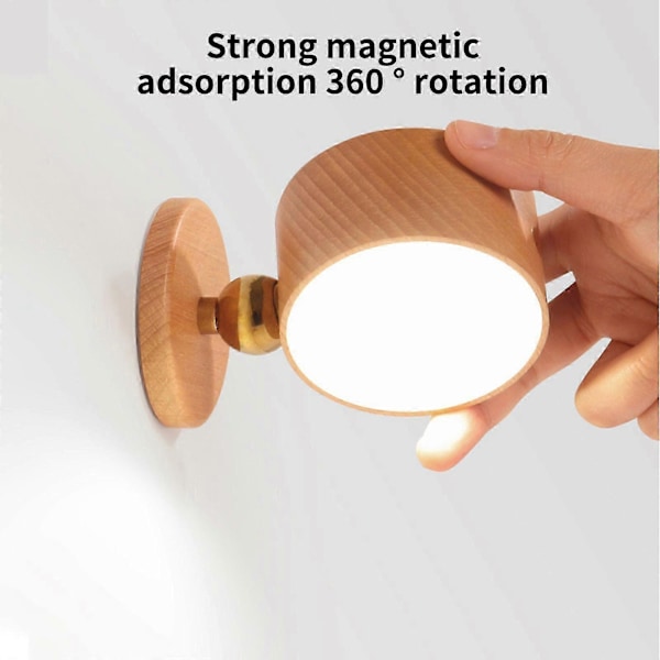 Magnetisk væglampe i træ, 360° roterbar LED væglampe USB genopladelig batteridrevet dæmpbar natlampe læselampe magnetisk skab