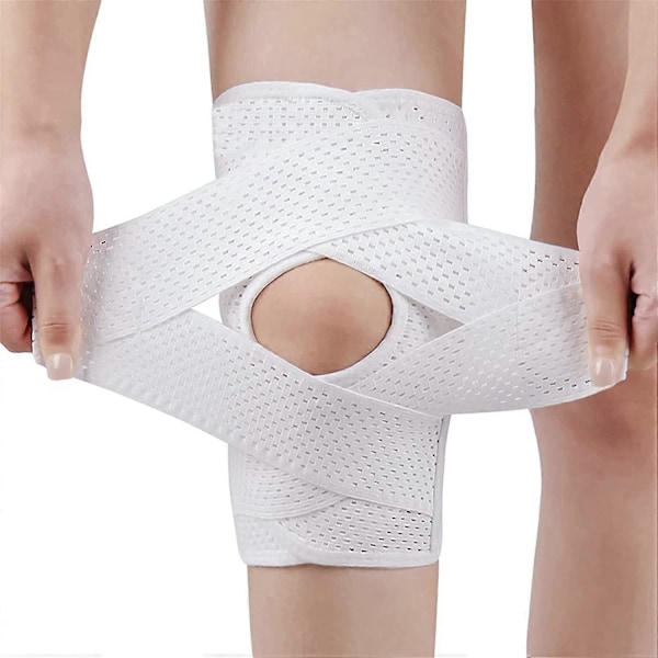 Knæbandage med sidestabilisatorer, til meniskskade, knæsmerter, gigtisk skade, justerbar knæbandage til mænd og kvinder, hvid (XXL)