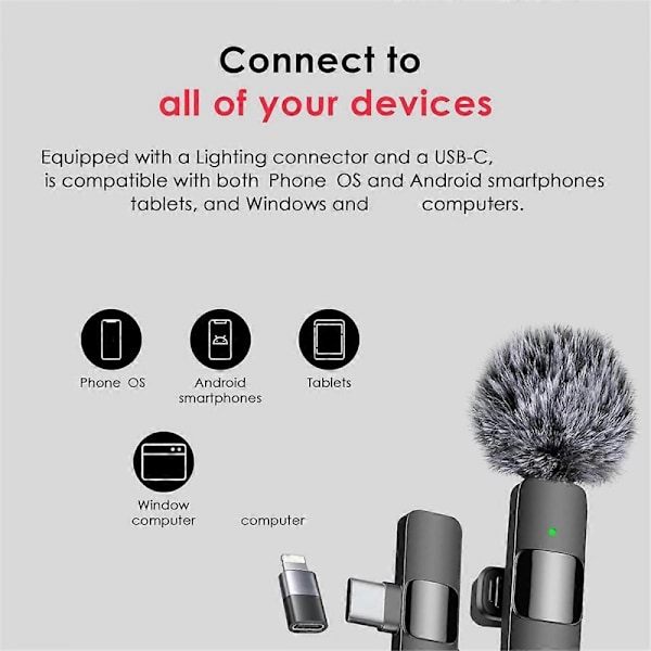 3 i 1 Trådløse Lavalier-mikrofoner for iPhone, Android, Kamera, USB-C Mikrofon, Mini Mikrofon