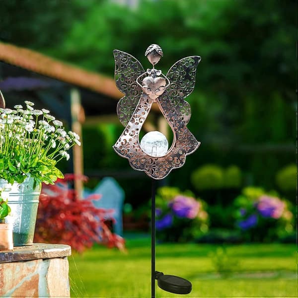 (Angel-Bronze) Solcelle havelys, metal engel, solcelle varm hvid LED, havelys mindegave - Solcelle englelys perfekte som engleminde