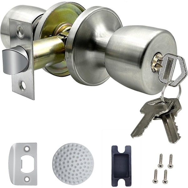 Dörrknopp i satin nickel med lås, rund kuldesign för användning inomhus eller utomhus
