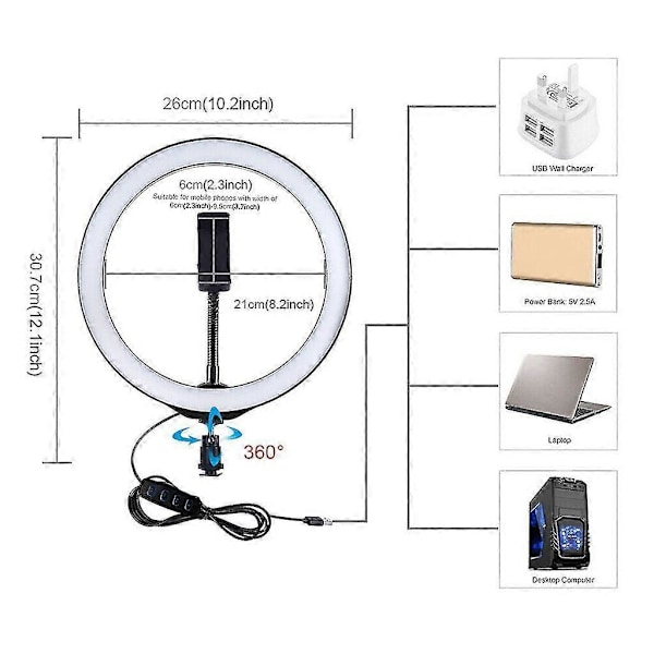 LED Ring Light med Stativsett, USB Dimbar 10 Tommer for Selfie-videoer
