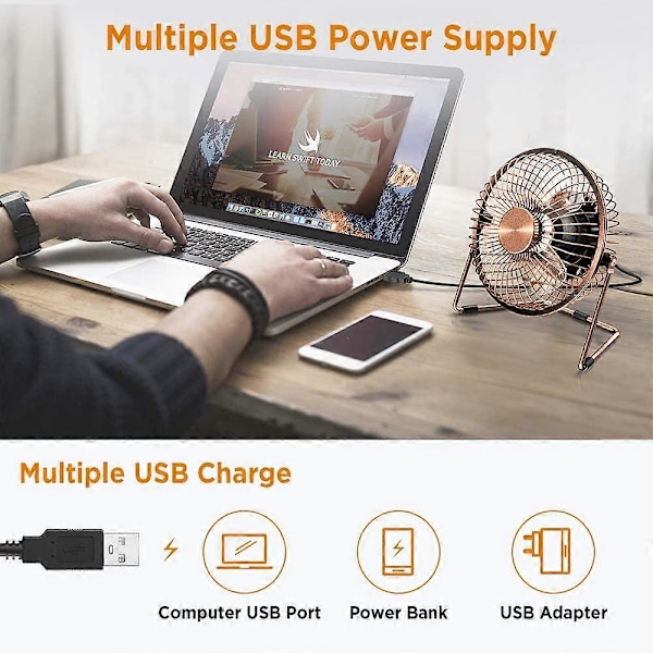 Mini USB-tuuletin, USB-pöytätuuletin, metallinen pieni tuuletin, hiljainen, tehokas, säädettävä 360°, 6 tuumaa, pronssi, toimistoon, kotiin, retkeilyyn