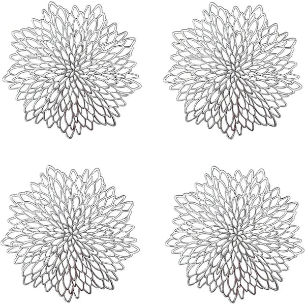 4 kappaletta hopeisia tabletinalusia, ontto pyöreä tabletinalunen, pyöreät muoviset tabletinaluset, käytetään lautasen lämmöneristykseen ja pöydän koristeluun (hopea)