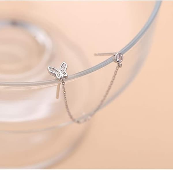 925 Sterling Sølv Dobbelthulls Kjedeøreringer for Kvinner Sommerfugl Stud Ørering