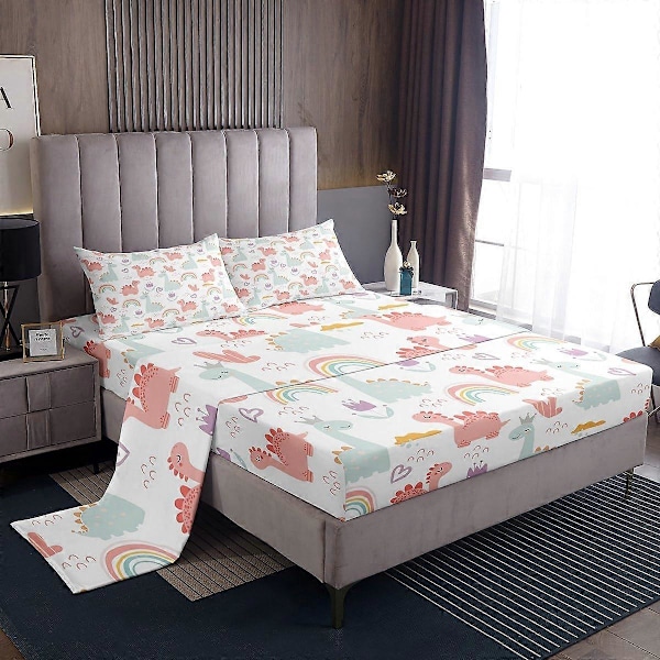 1 Sett Tegneserie Dino Sengesett for Barn med Søtt Jungel Dino Design i Rosa Grønn King Size