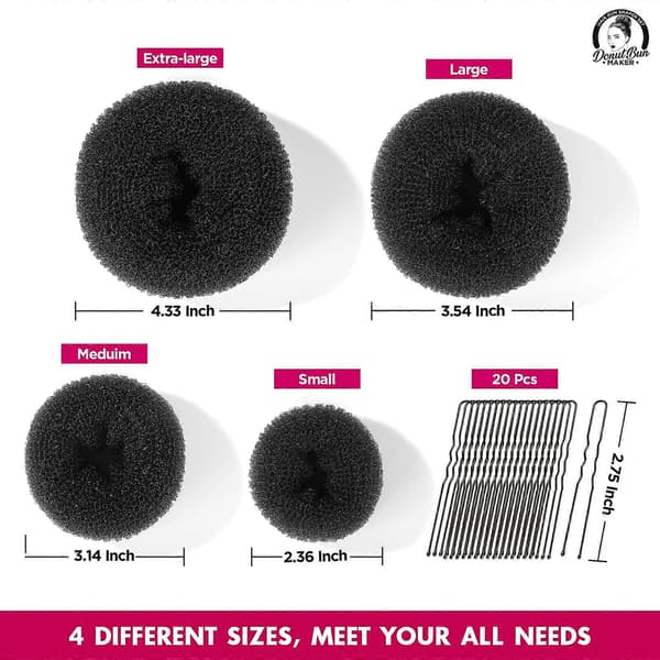 Hårknold Styling Kit, 4 Størrelser Sort Donut Knold Maker og 20 Guldnåle til Blondiner, Chignon Knold Maker Hårring Styling Tilbehør