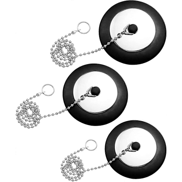 3 Stycken Diskbänksplugg Gummi med Kulkedja Badkar Köksvask Plugg 40mm för Diskbänk Handfat Badkar Svart