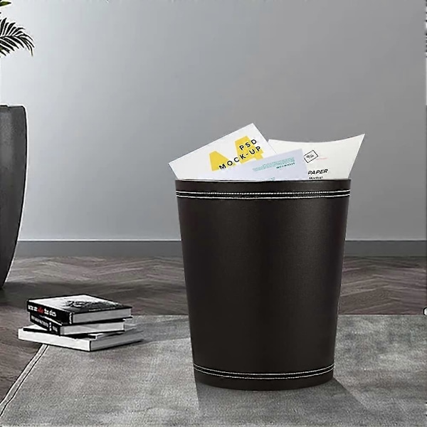 Klassisk papperskorg i läder, kreativ papperskorg, för kontor, hem och exklusiva hotell (Svart)