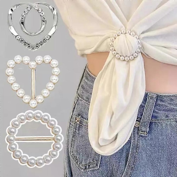 (Gyllene rund pärla) 4 st Scarves Ring Clip T-shirt Clip Kläder Hörn Knuten Knapp för Kvinnor
