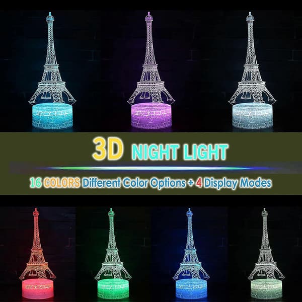 Eiffeltårnet 3D Illusjon LED Bordlampe, 16 Farger, Gave til Pappa, Mødre, Menn, Kvinner, Barn, Gutter, Tenåringer